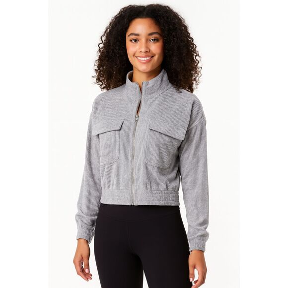 Aerie Corduroy Velour Cropped Zip Up Jacket Light Gray Soft Stretch Women’s M - Picture 1 of 7